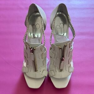 Jessica Simpson White Leather Zip-Front Braided Slingback 5 inches Heels